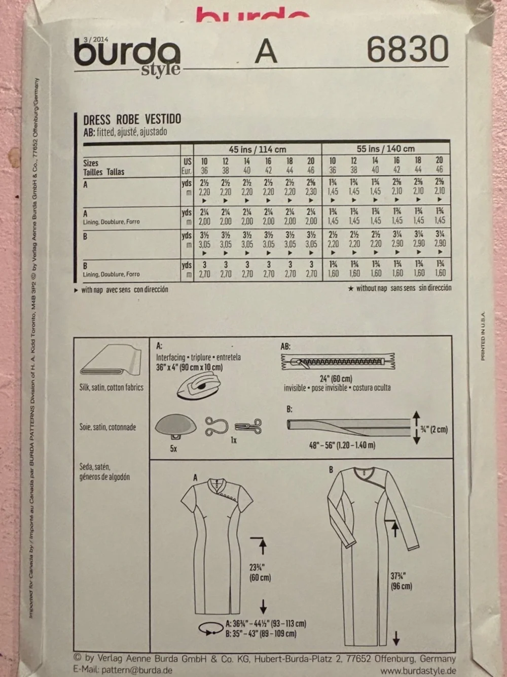 BN UNCUT BURDA 6830 FORMAL DRESS SEWING PATTERN